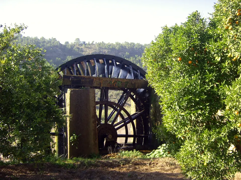 Noria de hierro junto al río Segura cerca de Abarán